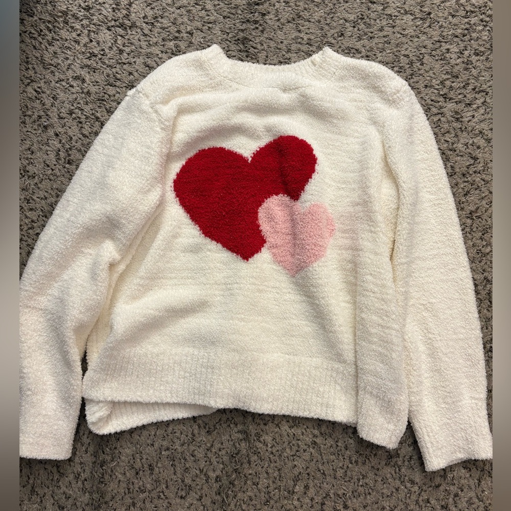 Marled Heart Pattern Sweater - Cream with Red and Pink